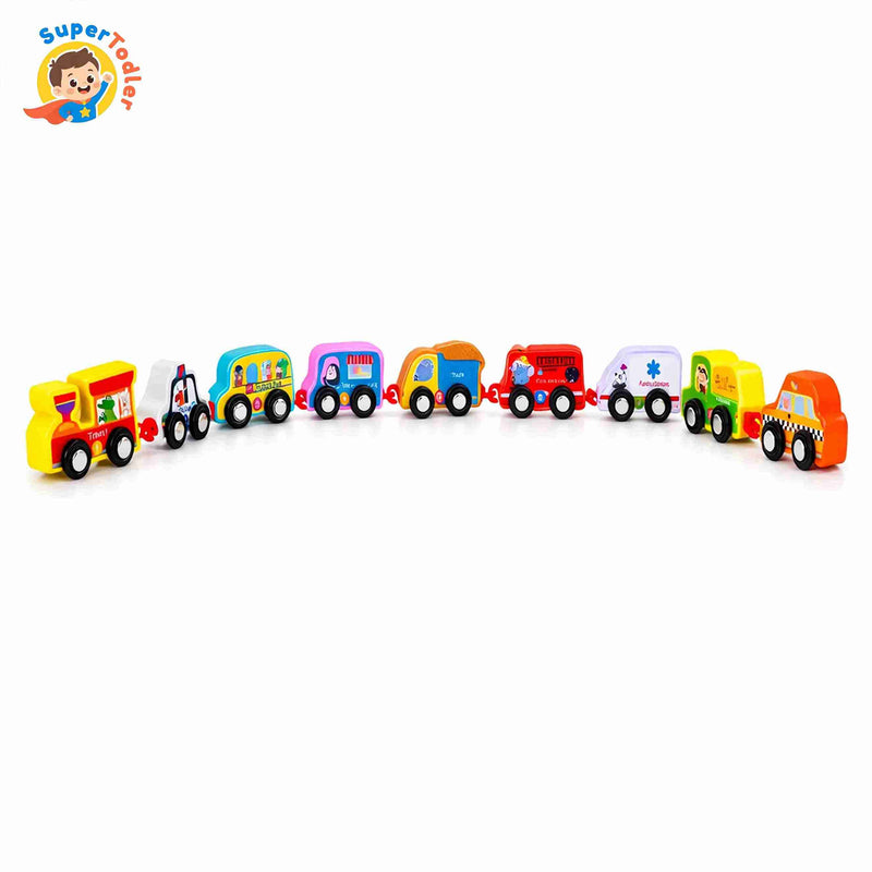 Wooden Toy Vehicle Set – Connectable Cars & Train Links Montessori Toy