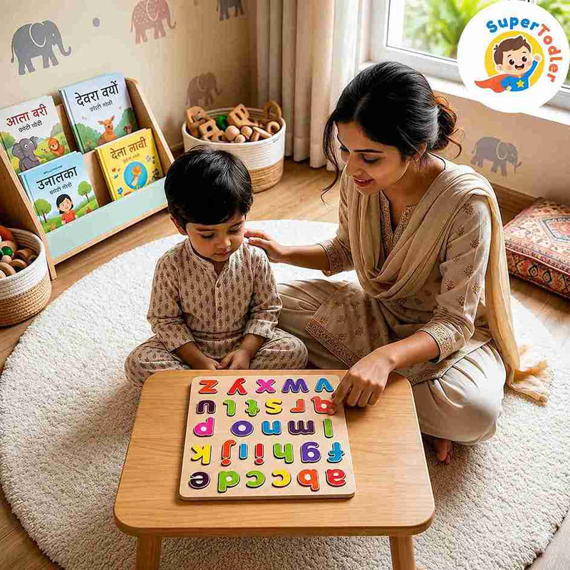 Wooden Lowercase Alphabet Puzzle Board – A-Z Small Letters Learning Toy (20 x 20 cm)