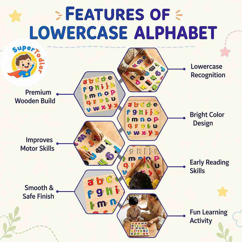 Wooden Lowercase Alphabet Puzzle Board – A-Z Small Letters Learning Toy (20 x 20 cm)