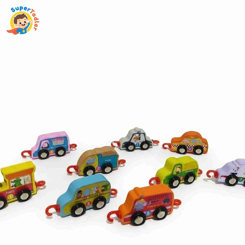 Wooden Toy Vehicle Set – Connectable Cars & Train Links Montessori Toy