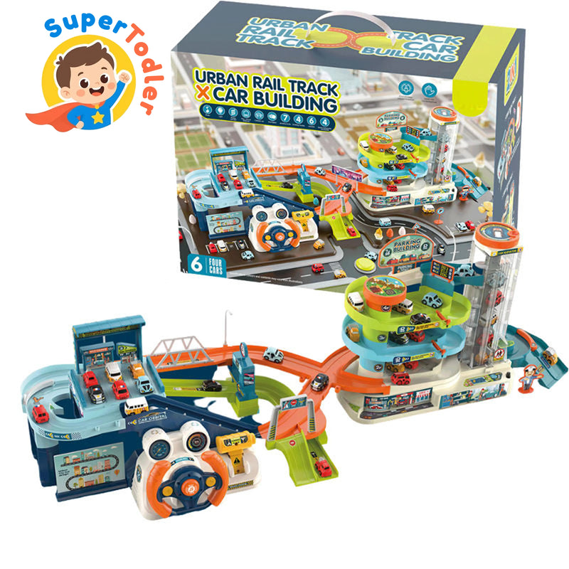 Electric City Dinosaur Park Steering Wheel Traffic Rail Car Parking Lot Track Toy Set