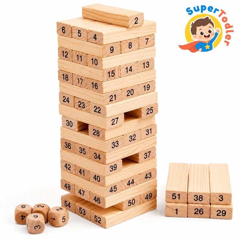 Wooden Tumbling Tower Game with Dice