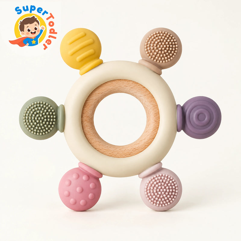 Silicone & Wooden Baby Teether – Sensory Teething Toy