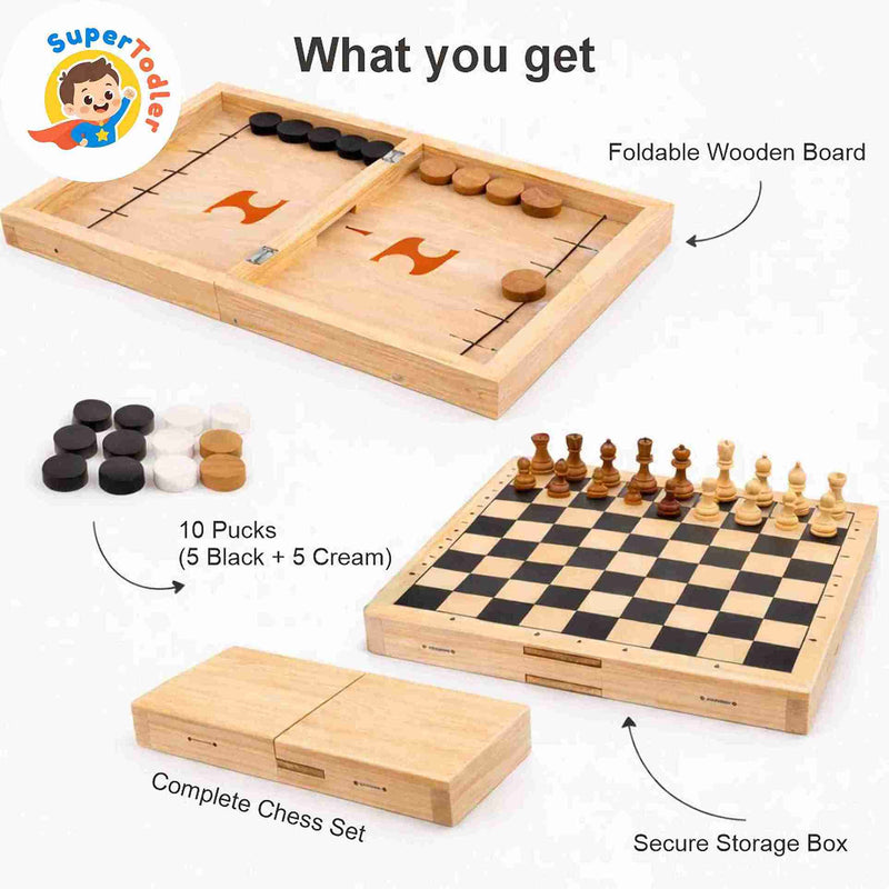 2-in-1 Wooden Foldable Fast Sling Puck & Chess Board Game Set