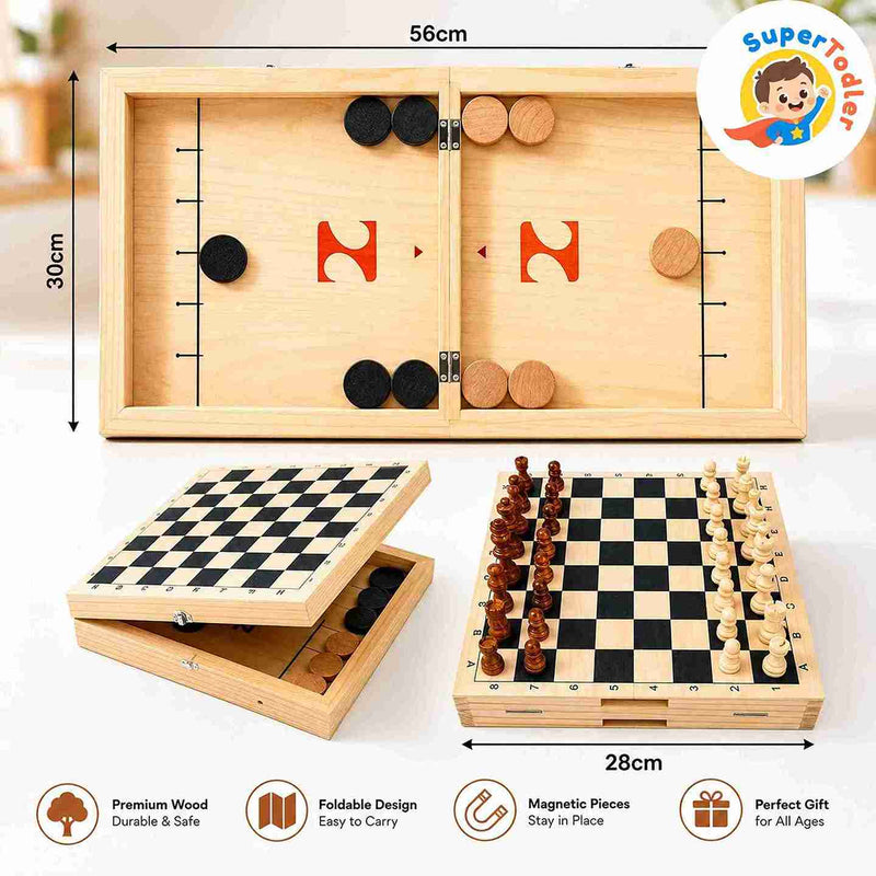 2-in-1 Wooden Foldable Fast Sling Puck & Chess Board Game Set