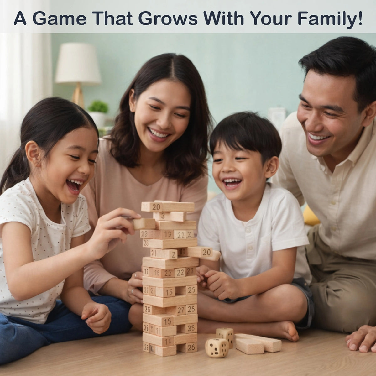 Wooden Tumbling Tower Game with Dice
