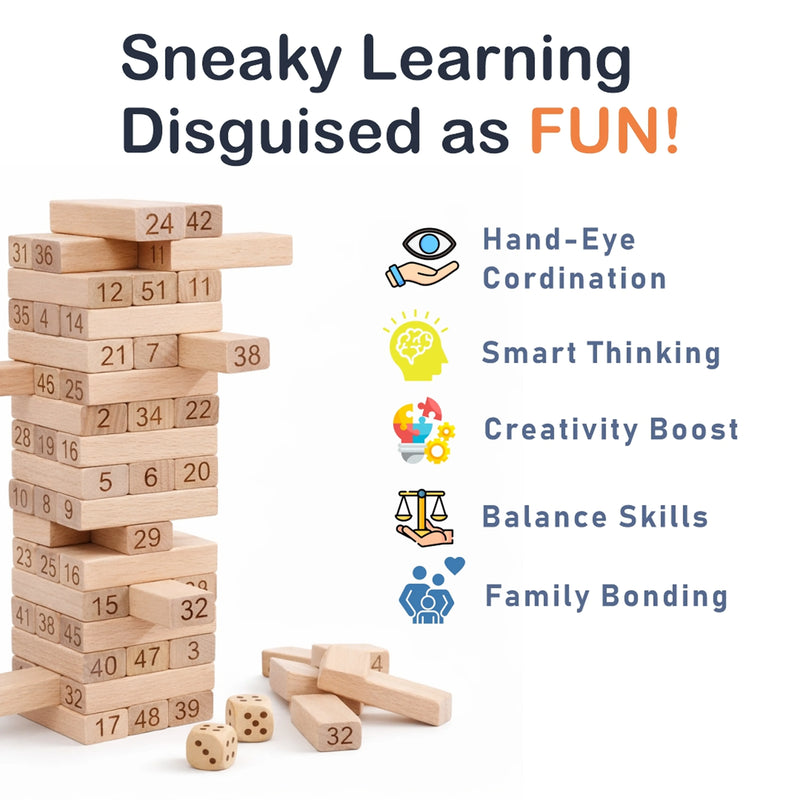 Wooden Tumbling Tower Game with Dice