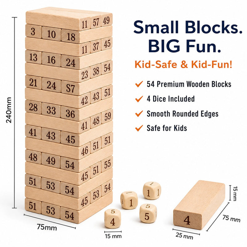 Wooden Tumbling Tower Game with Dice