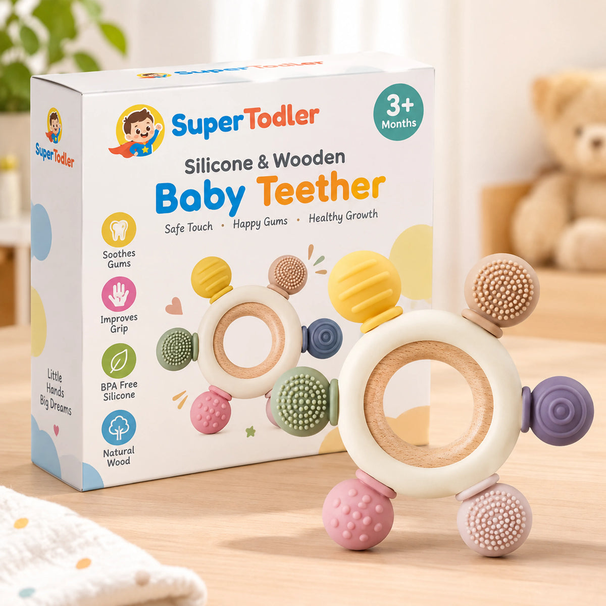 Silicone & Wooden Baby Teether – Sensory Teething Toy
