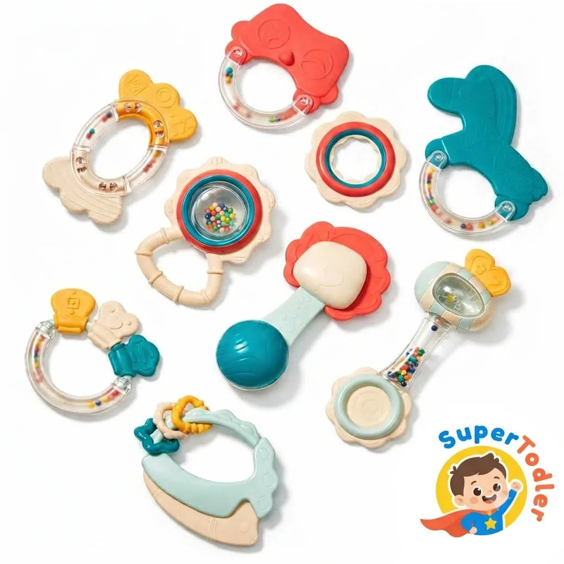 SuperTodler 10 Pcs Baby Rattles & Teethers Set – Sensory Development Toys for Newborns