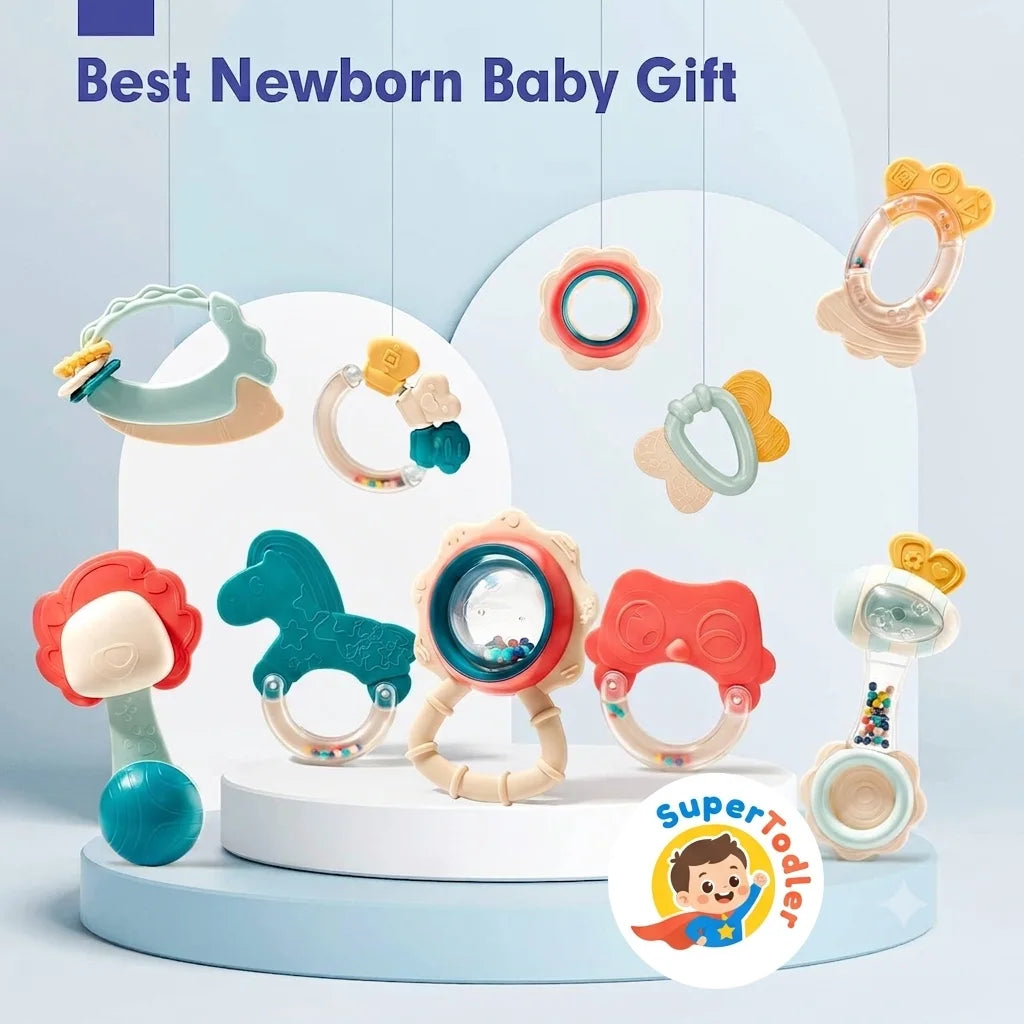 SuperTodler 10 Pcs Baby Rattles & Teethers Set – Sensory Development Toys for Newborns