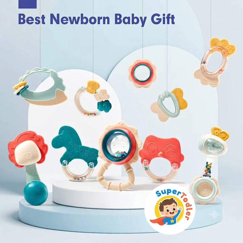 SuperTodler 10 Pcs Baby Rattles & Teethers Set – Sensory Development Toys for Newborns