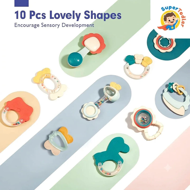 SuperTodler 10 Pcs Baby Rattles & Teethers Set – Sensory Development Toys for Newborns
