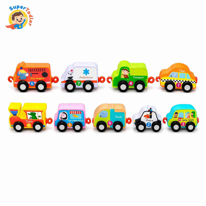 Wooden Toy Vehicle Set – Connectable Cars & Train Links Montessori Toy