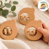 Wooden Baby Teether & Rattle Toy – Smooth Natural Wood Sensory Grasping Toy