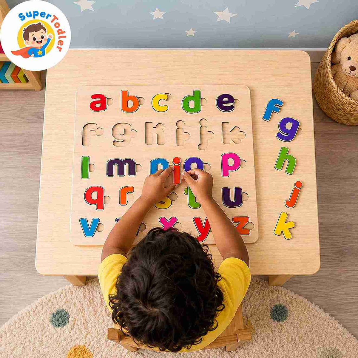 Wooden Lowercase Alphabet Puzzle Board – A-Z Small Letters Learning Toy (20 x 20 cm)
