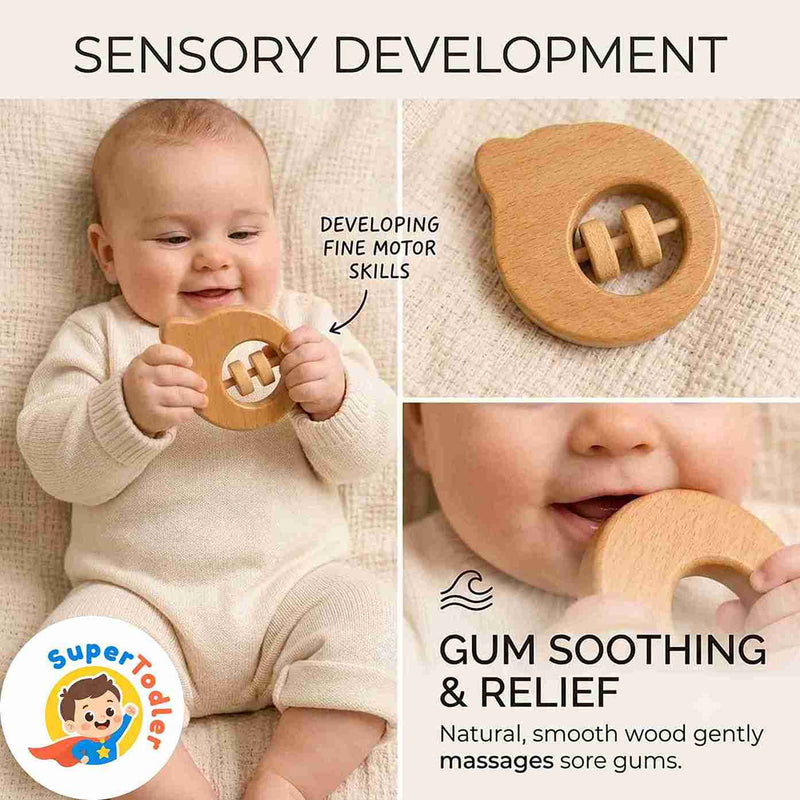 Wooden Baby Teether & Rattle Toy – Smooth Natural Wood Sensory Grasping Toy