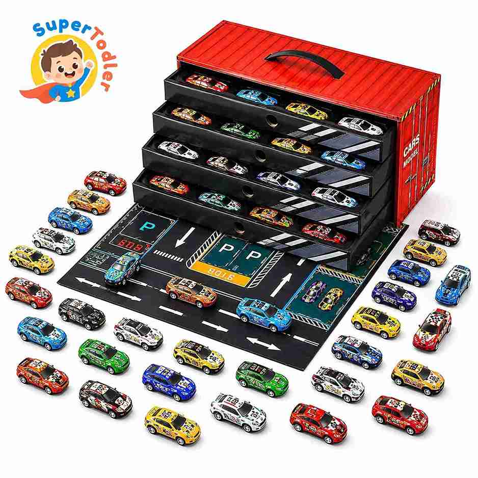48-Piece Die-Cast Metal Pull Back Racing Cars Set with Parking Track