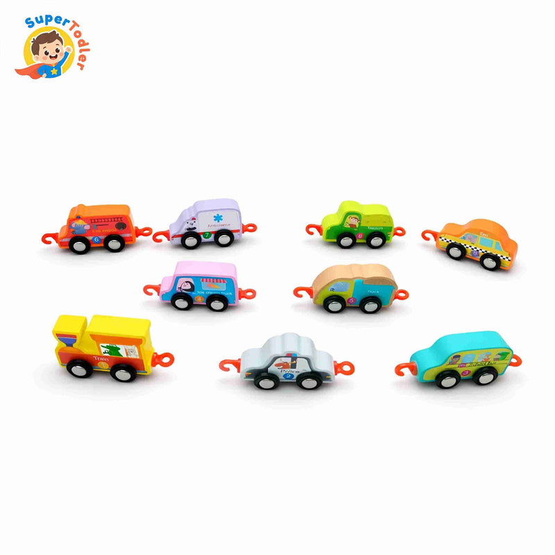 Wooden Toy Vehicle Set – Connectable Cars & Train Links Montessori Toy