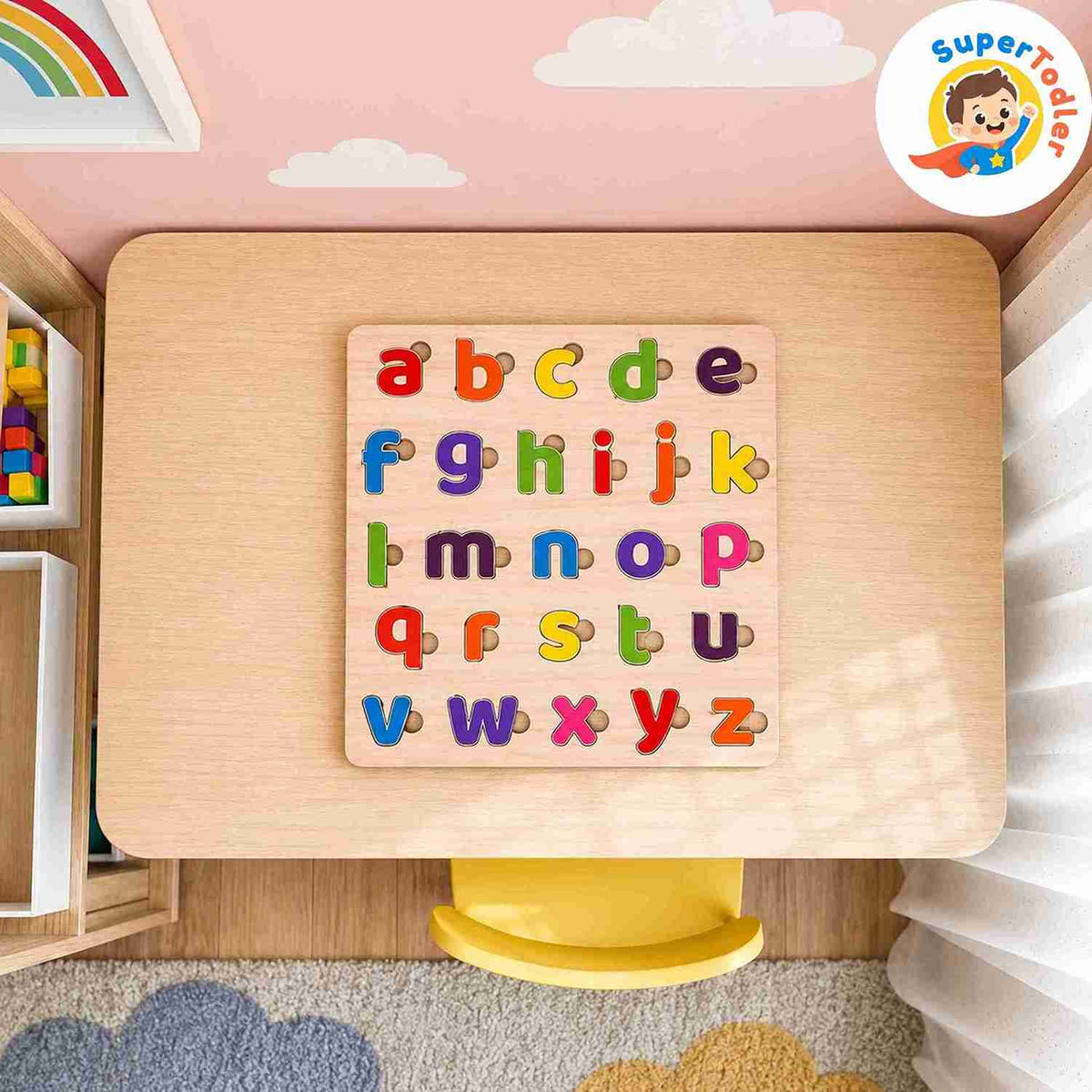 Wooden Lowercase Alphabet Puzzle Board – A-Z Small Letters Learning Toy (20 x 20 cm)