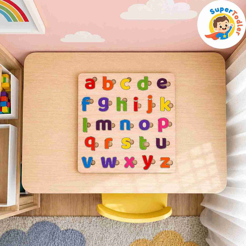 Wooden Lowercase Alphabet Puzzle Board – A-Z Small Letters Learning Toy (20 x 20 cm)