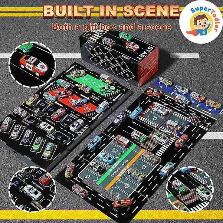 48-Piece Die-Cast Metal Pull Back Racing Cars Set with Parking Track
