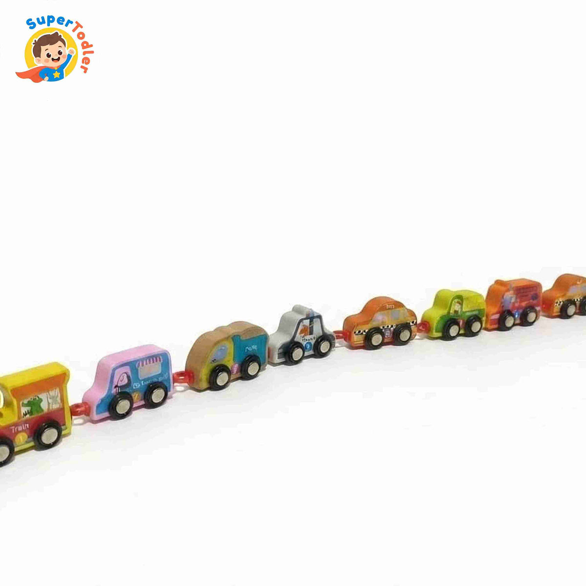 Wooden Toy Vehicle Set – Connectable Cars & Train Links Montessori Toy