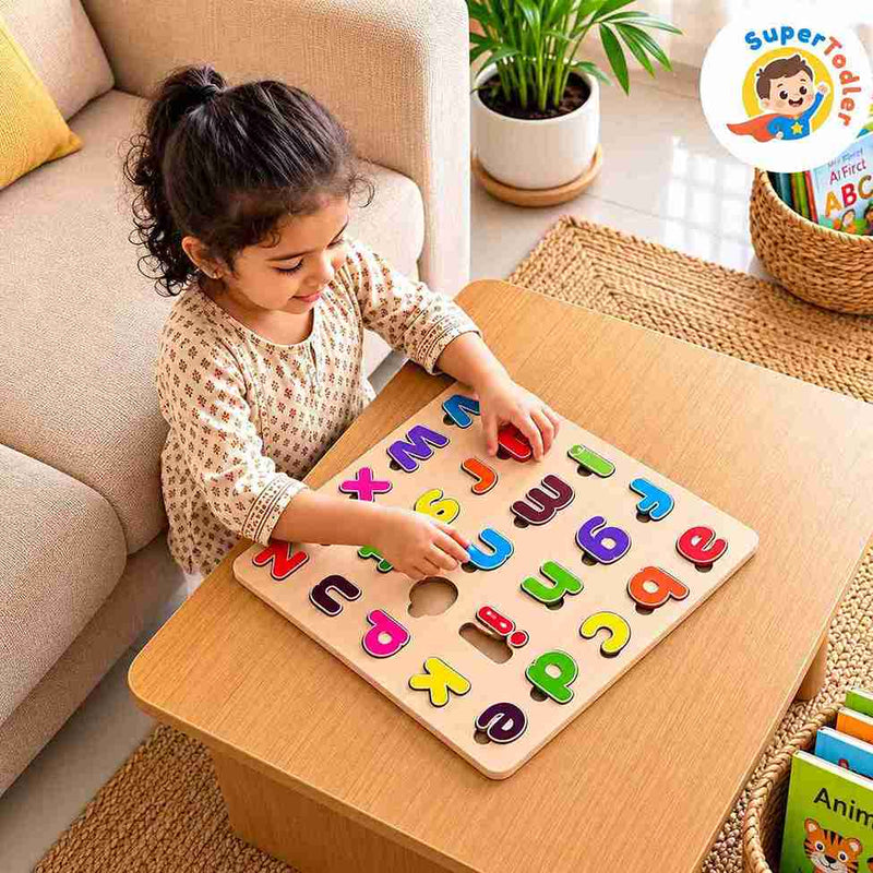 Wooden Lowercase Alphabet Puzzle Board – A-Z Small Letters Learning Toy (20 x 20 cm)