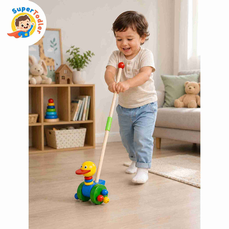 Wooden Push & Pull Along Duck Toy – Active Walking Toy for Toddlers