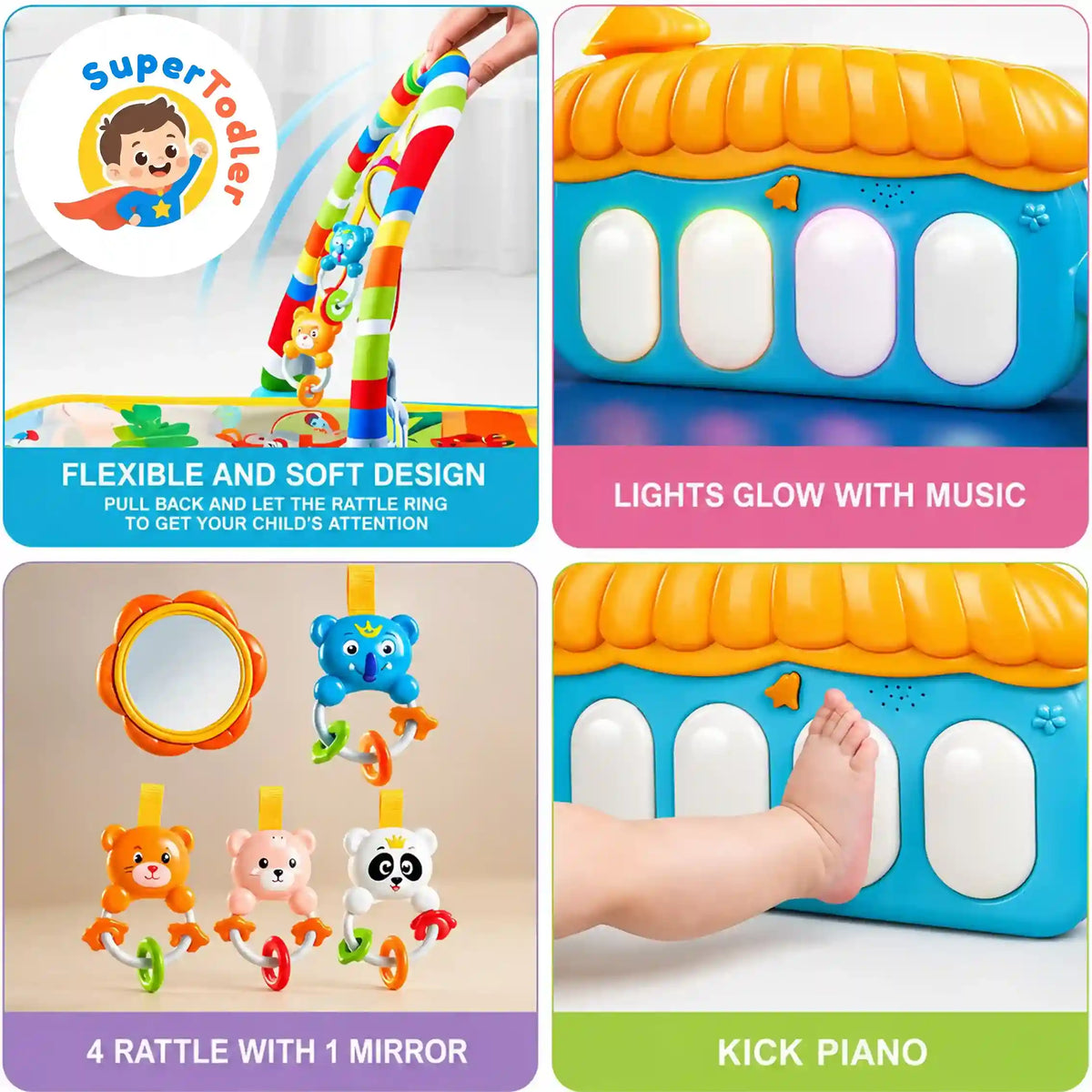 3-in-1 Baby Kick & Play Musical Piano Gym Mat with Activity Arch, Rattles & Mirror (0–36 Months)