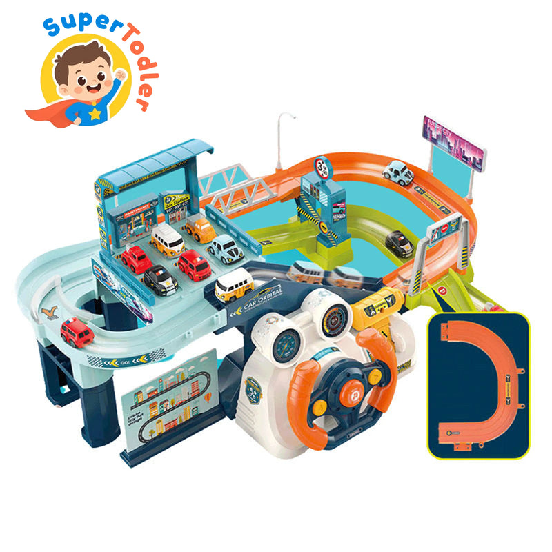 Electric City Dinosaur Park Steering Wheel Traffic Rail Car Parking Lot Track Toy Set