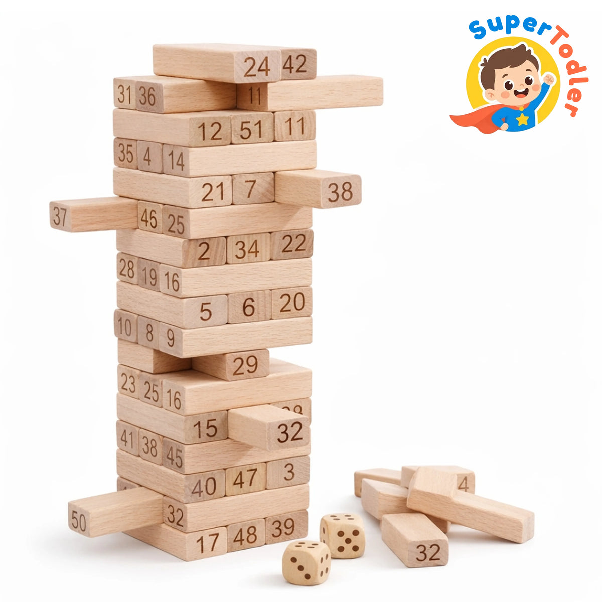 Wooden Tumbling Tower Game with Dice