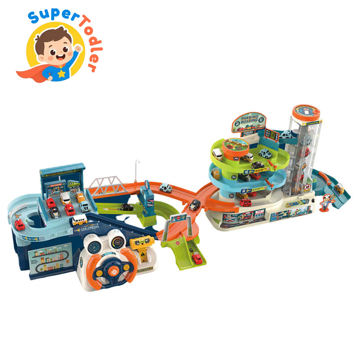 Electric City Dinosaur Park Steering Wheel Traffic Rail Car Parking Lot Track Toy Set
