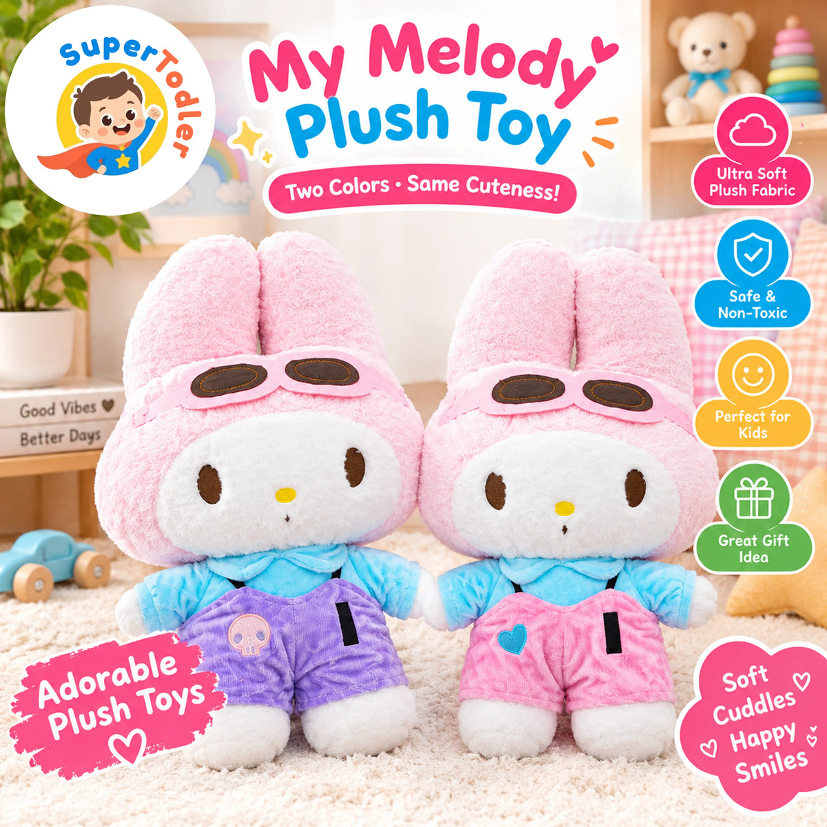 Cute Bunny Plush Toy for Kids – Soft Pink Character Doll with Goggles & Colorful Outfit