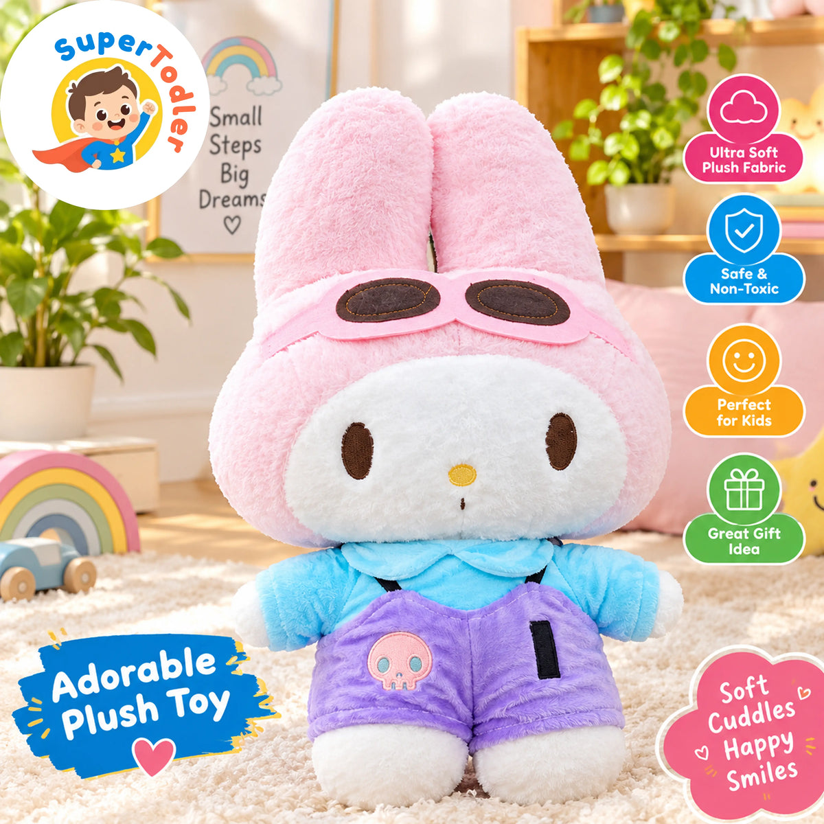 Cute Bunny Plush Toy for Kids – Soft Pink Character Doll with Goggles & Colorful Outfit