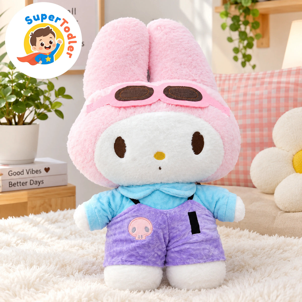 Cute Bunny Plush Toy for Kids – Soft Pink Character Doll with Goggles & Colorful Outfit