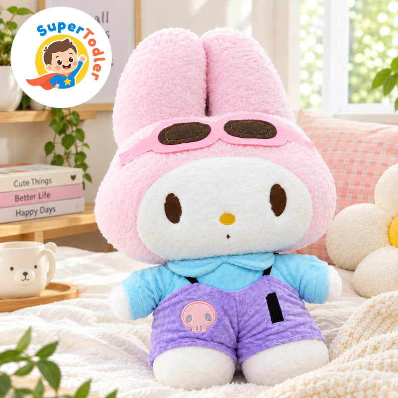 Cute Bunny Plush Toy for Kids – Soft Pink Character Doll with Goggles & Colorful Outfit