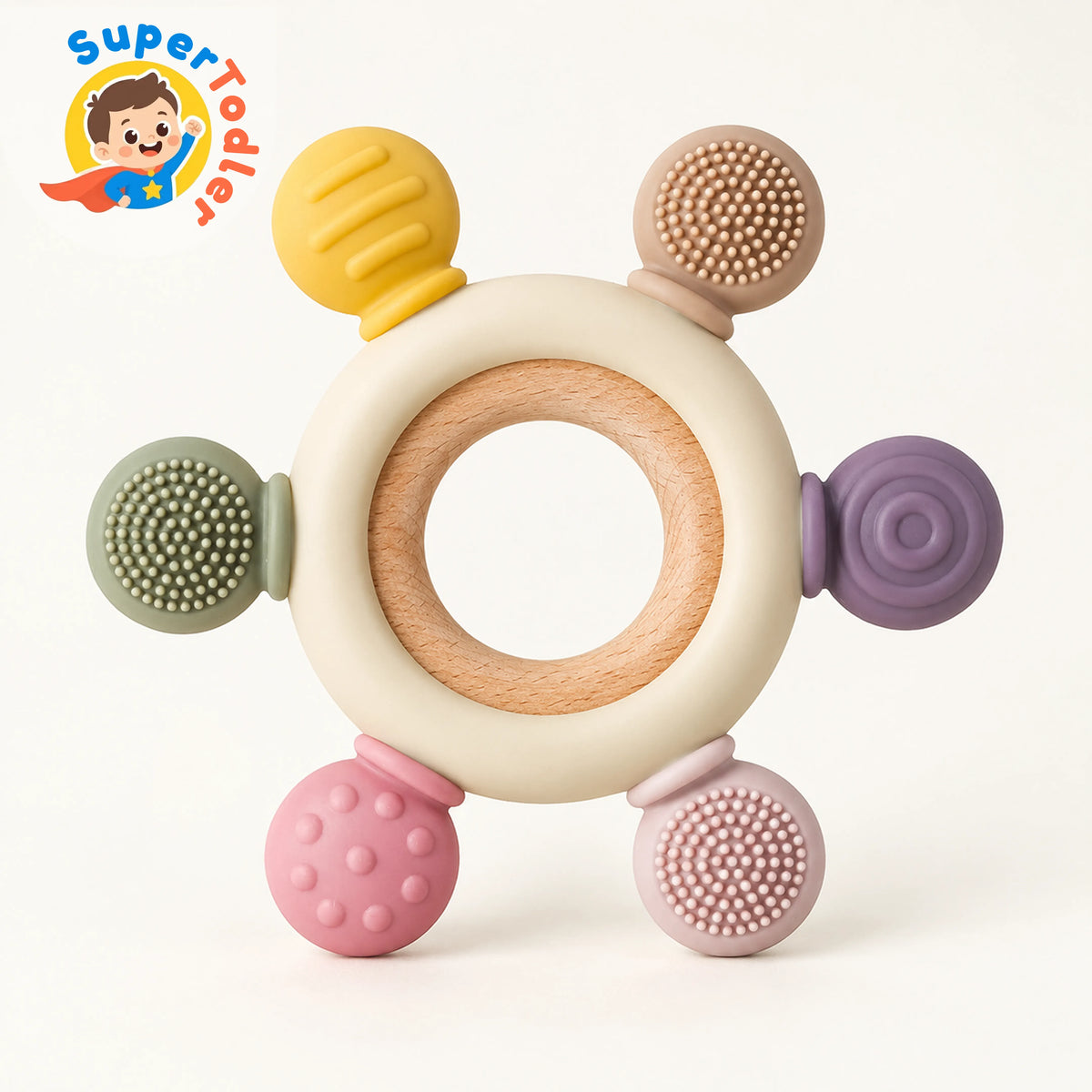 Silicone & Wooden Baby Teether – Sensory Teething Toy