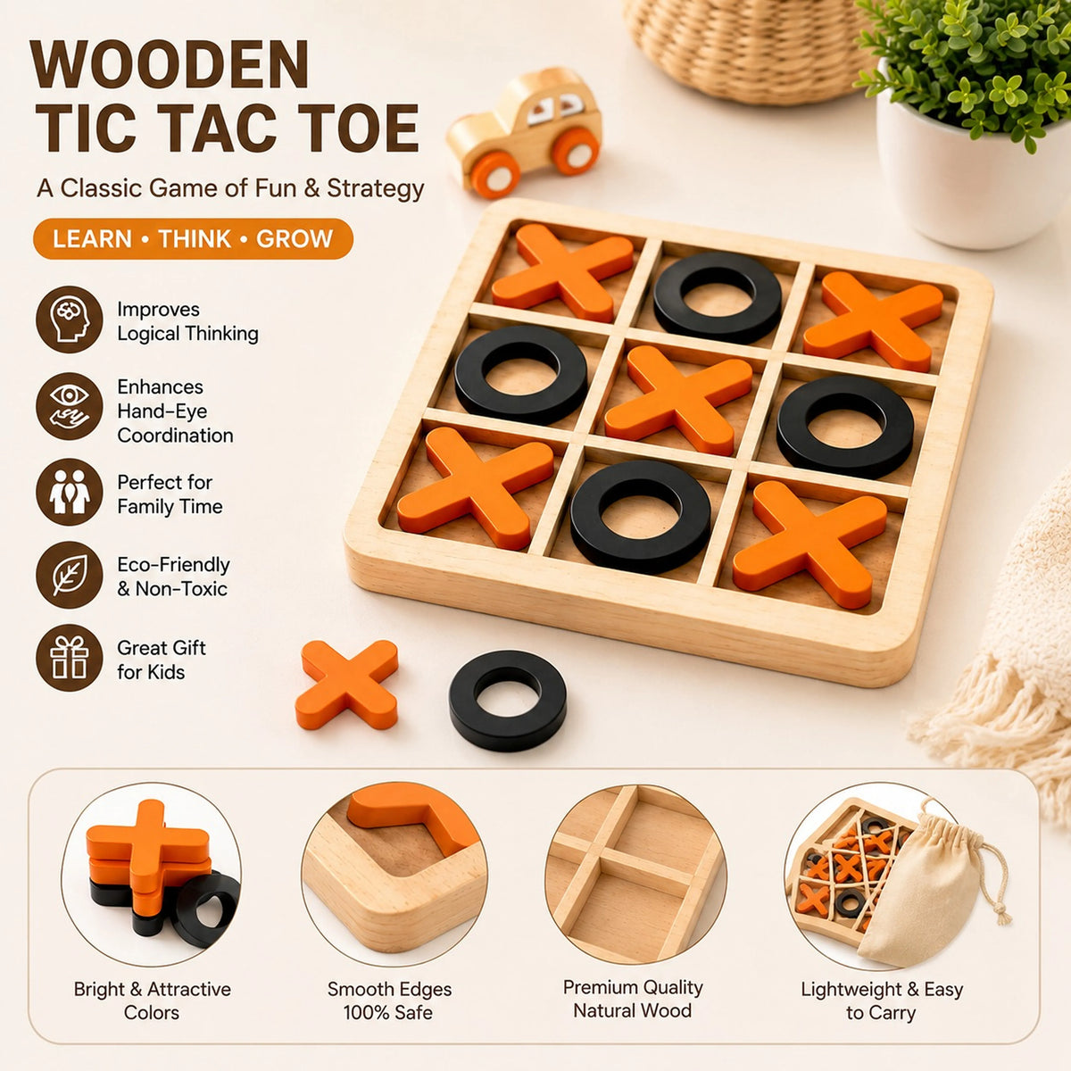 Wooden Tic Tac Toe Game for Kids & Family – Classic Strategy Board Game