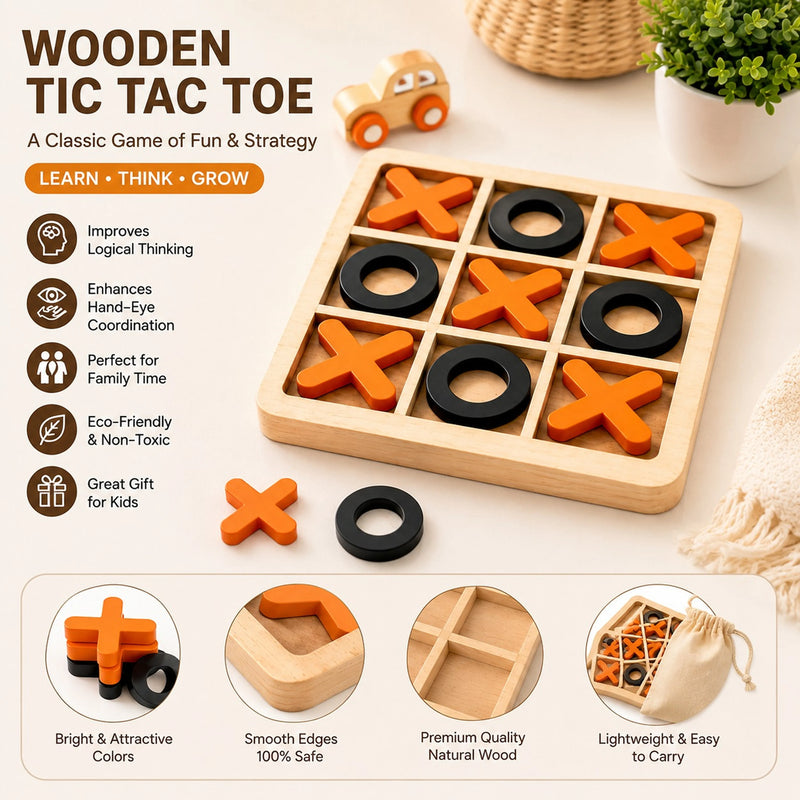 Wooden Tic Tac Toe Game for Kids & Family – Classic Strategy Board Game