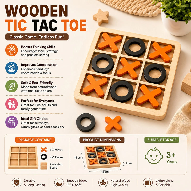 Wooden Tic Tac Toe Game for Kids & Family – Classic Strategy Board Game