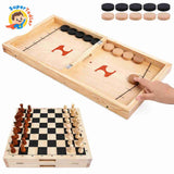2-in-1 Wooden Foldable Fast Sling Puck & Chess Board Game Set