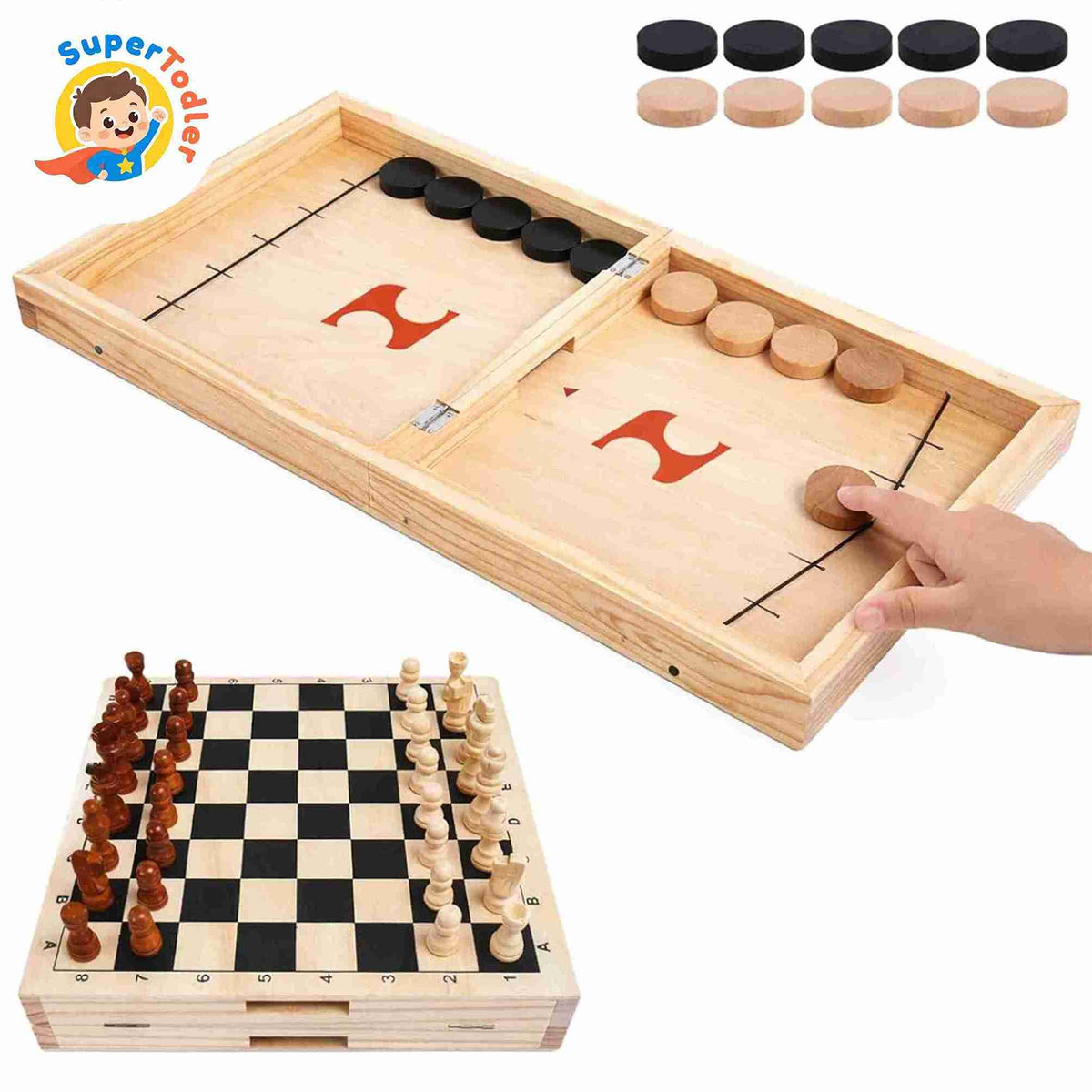 2-in-1 Wooden Foldable Fast Sling Puck & Chess Board Game Set