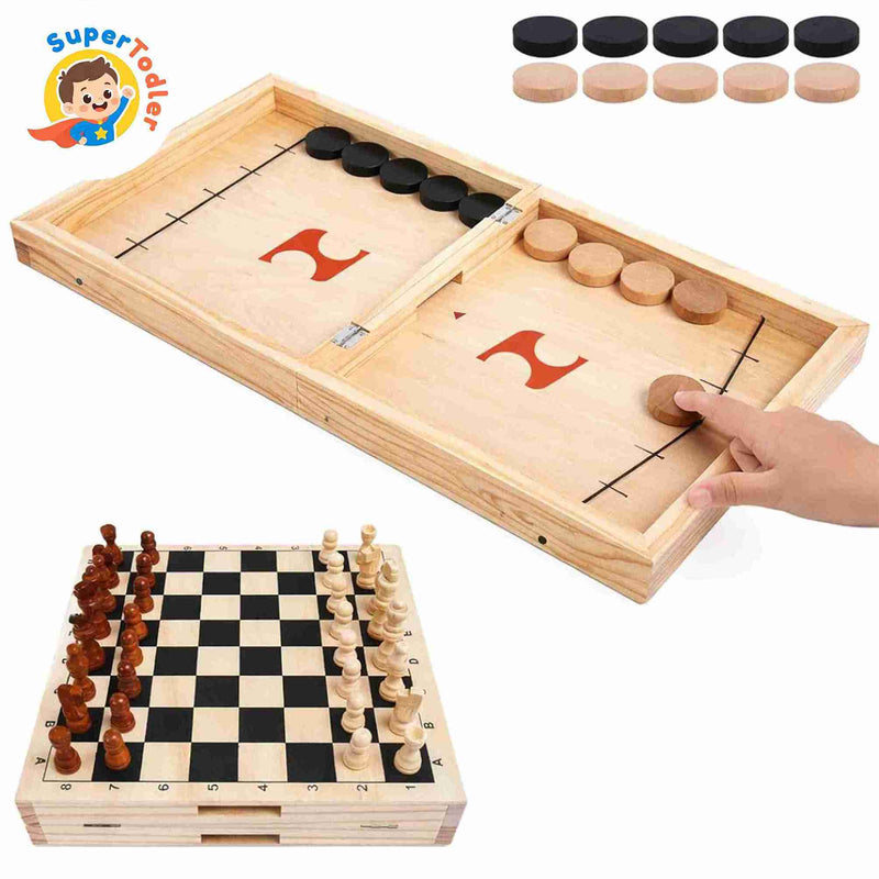 2-in-1 Wooden Foldable Fast Sling Puck & Chess Board Game Set