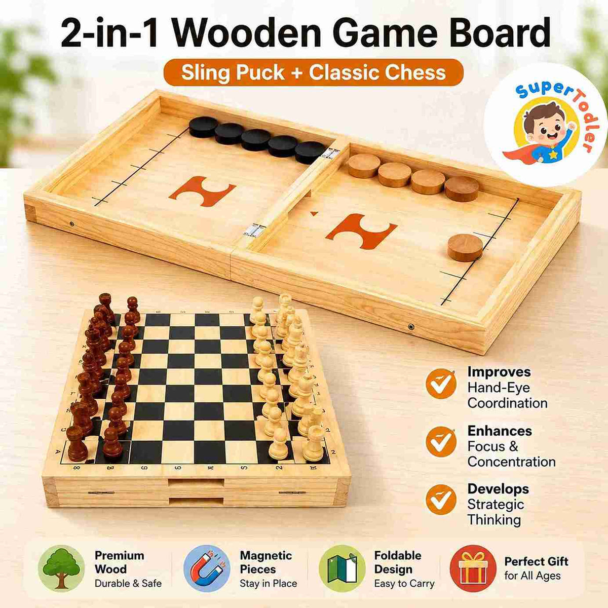 2-in-1 Wooden Foldable Fast Sling Puck & Chess Board Game Set