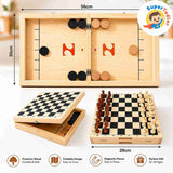 2-in-1 Wooden Foldable Fast Sling Puck & Chess Board Game Set