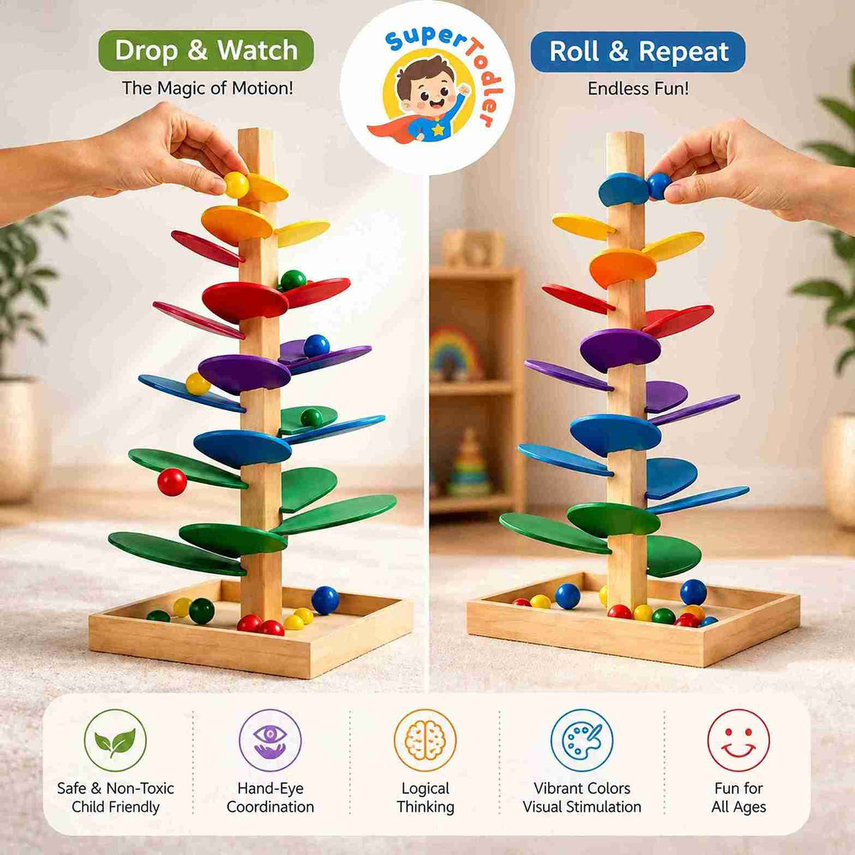 Wooden Ball Run Tree – Rainbow Musical Marble Run Montessori Toy