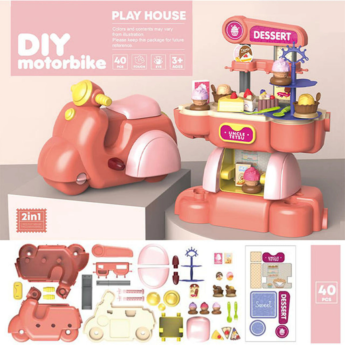 Motorcycle DIY Play House Cooking Toy – 2-in-1 Pretend Play Set