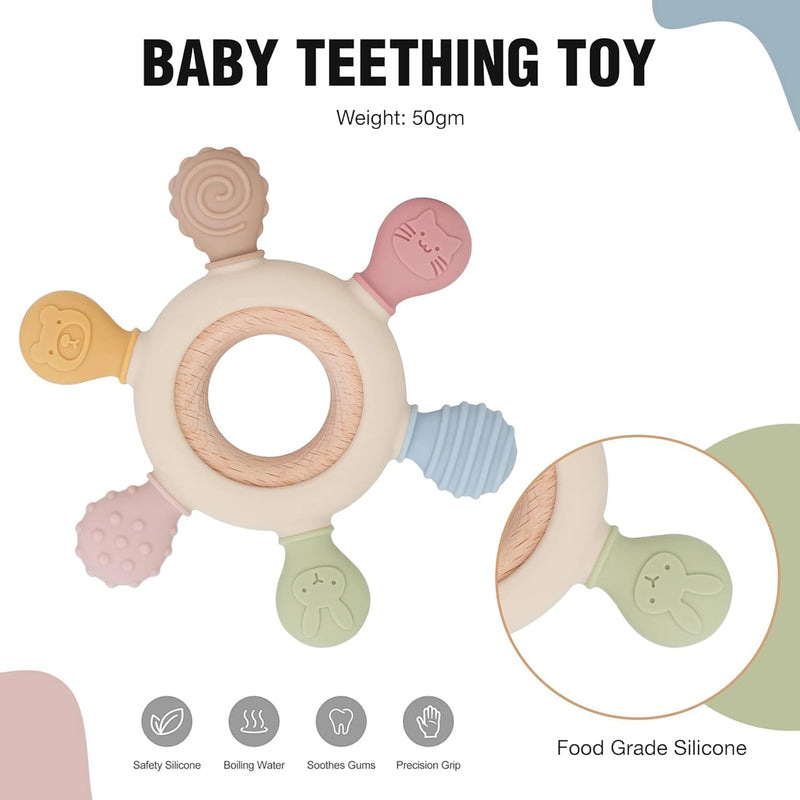 Silicone & Wooden Baby Teether – Sensory Teething Toy